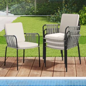 DWVO Patio Chairs Outdoor Dining Sets with Arms and Seat Cushions, Rope & Rattan Patio Chairs Set of 4 Perfect for Garden Porch Backyard Poolside Balcony, Grey