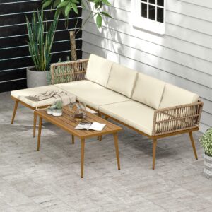 dwvo 4 pieces patio furniture set, sectional l-shaped sofa for patio backyard poolside porch, all-weather rattan woven conversation set detachable lounger with side table & cushions (beige)