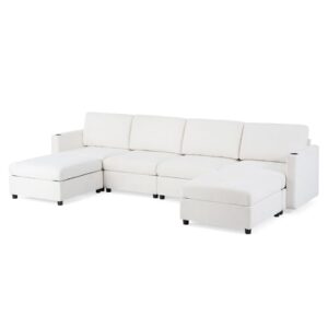 FANYE Oversized Chenille Upholstered Modular Storage Sectional Sofa Couch W/2 Movable Ottomans & Cupholders, U-Shaped Free Combined Sofa&Couch Convertible Sleeper Sofabed for Living Room