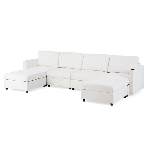 FANYE Oversized Chenille Upholstered Modular Storage Sectional Sofa Couch W/2 Movable Ottomans & Cupholders, U-Shaped Free Combined Sofa&Couch Convertible Sleeper Sofabed for Living Room