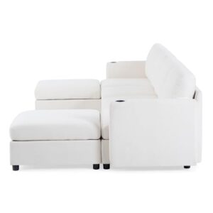 FANYE Oversized Chenille Upholstered Modular Storage Sectional Sofa Couch W/2 Movable Ottomans & Cupholders, U-Shaped Free Combined Sofa&Couch Convertible Sleeper Sofabed for Living Room