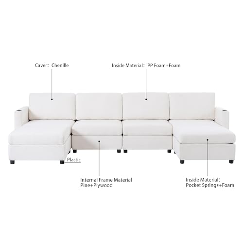 FANYE Oversized Chenille Upholstered Modular Storage Sectional Sofa Couch W/2 Movable Ottomans & Cupholders, U-Shaped Free Combined Sofa&Couch Convertible Sleeper Sofabed for Living Room