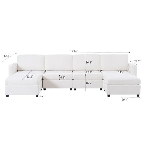 FANYE Oversized Chenille Upholstered Modular Storage Sectional Sofa Couch W/2 Movable Ottomans & Cupholders, U-Shaped Free Combined Sofa&Couch Convertible Sleeper Sofabed for Living Room