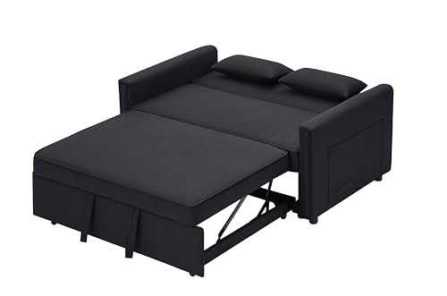 Eafurn 3-in-1 Convertible Sleeper Sofa Pull Out Couch Bed with Adjustable Backrest & Storage Pockets, 2 Seater Futon Loveseat Chair with Pull-Out Sofabed with Lumbar Pillows for Living Room Office