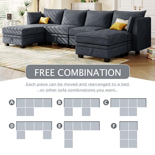 FANYE U-Shaped Oversized 6 Seaters Modular Storage Sectional Sofa with SeatStorage, L/U-Shaped Free Combination Linen Upholstered Couch Cum Daybed Convertible Sleeper Sofabed for Living Room