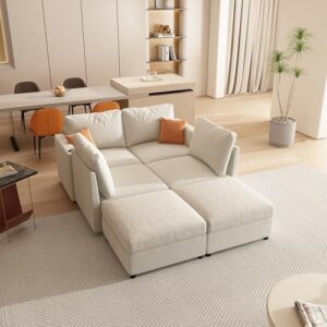 fanye oversized chenille upholstered modular storage sectional sofa couch w/2 movable ottomans & cupholders, u-shaped free combined sofa&couch convertible sleeper sofabed for living room