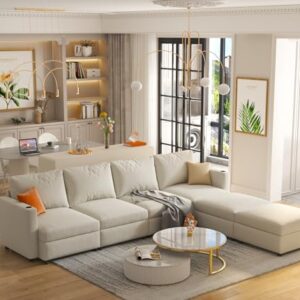 FANYE Oversized Chenille Upholstered Modular Storage Sectional Sofa Couch W/2 Movable Ottomans & Cupholders, U-Shaped Free Combined Sofa&Couch Convertible Sleeper Sofabed for Living Room