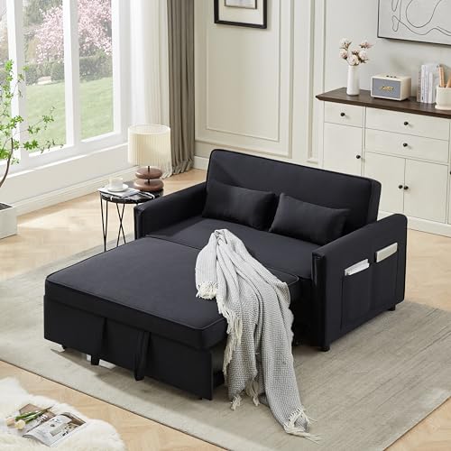 Eafurn 3-in-1 Convertible Sleeper Sofa Pull Out Couch Bed with Adjustable Backrest & Storage Pockets, 2 Seater Futon Loveseat Chair with Pull-Out Sofabed with Lumbar Pillows for Living Room Office