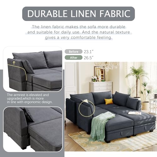 FANYE U-Shaped Oversized 6 Seaters Modular Storage Sectional Sofa with SeatStorage, L/U-Shaped Free Combination Linen Upholstered Couch Cum Daybed Convertible Sleeper Sofabed for Living Room