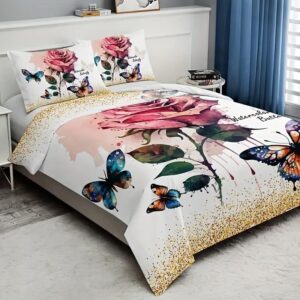 JAQWLL 3pcs Fashion Fresh Duvet Cover Set, Butterfly Floral Print Bedding Set, Soft Comfortable and Skin-Friendly Duvet Cover, for Bedroom Guest Room (1*Duvet Cover + 2*Pillowcase, Without Core) Twin