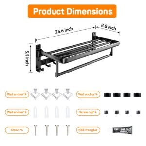 Towel Racks for Bathroom 24in, Black Towel Rack Wall Mounted, Foldable Bathroom Towel Rack with Shelf, Towel Holder with Towel Bar, Drilling/Adhesive Wall Towel Rack for Rental/Laundry,5 Sliding Hooks