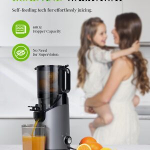 GDOR Cold Press Masticating Juicer Machines, Self Feeding Slow Pure Juicer, 5.3" Extra Feed Chute Fit Whole Vegetable and Fruit, Grey