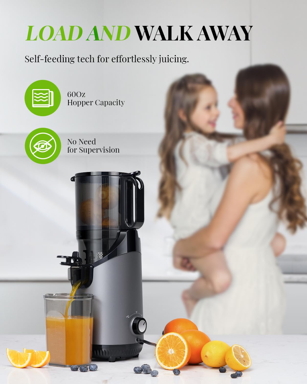 GDOR Cold Press Masticating Juicer Machines, Self Feeding Slow Pure Juicer, 5.3" Extra Feed Chute Fit Whole Vegetable and Fruit, Grey