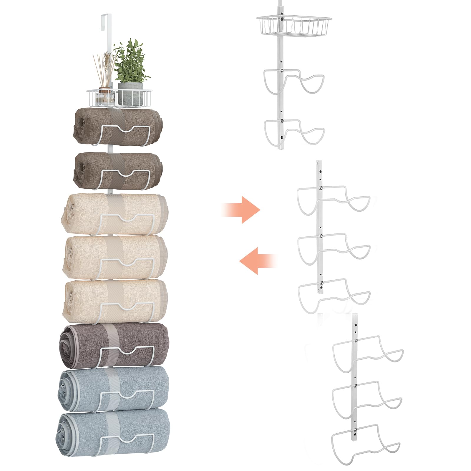 X-cosrack 9-Tier Over The Door Towel Racks for Bathroom - Wall Mounted Metal Towel Holder-Rolled Towel Organizer Door Hanging Towel Storage-Matte White