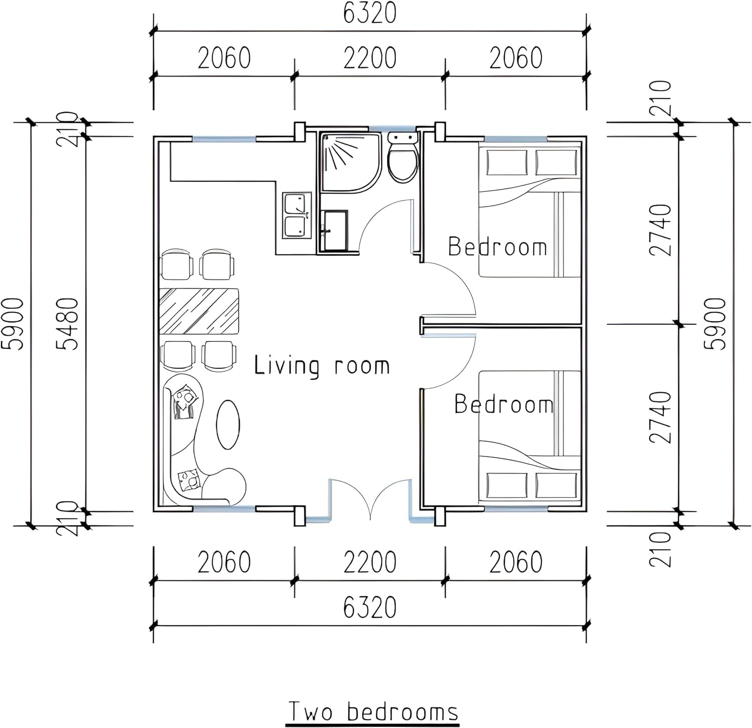 20ft Portable Container Prefab Mobile House with 2 bedrooms, 1 Bath, Kitchen, Windows and Doors (Customizable) for Outdoor Use, Adult Living and Storage with Steel Frame.