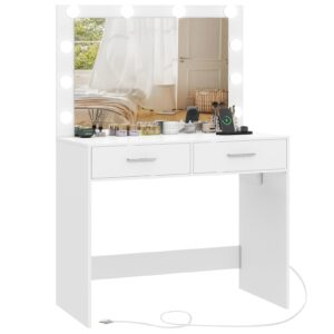 FIONESO Vanity Desk with Large Mirror, Makeup Vanity Table with Power Strip, 10 Lights & 2 Drawers, Dressing Table Set with 3 Lighting Color Adjustable for Women and Girls, Bedroom, White