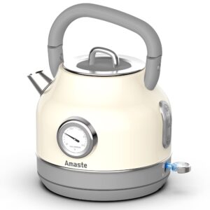 amaste electric kettle, retro electric tea kettle with thermometer, 57 oz hot water kettle for coffee & tea, 304 stainless steel, 1500w fast boiling, auto shut-off & boil dry protection, cream white