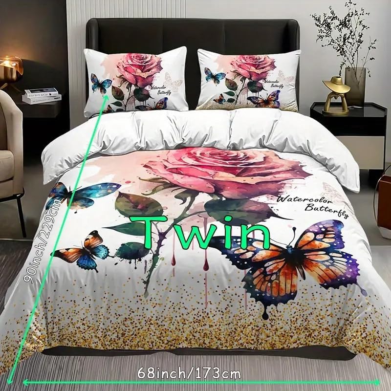 JAQWLL 3pcs Fashion Fresh Duvet Cover Set, Butterfly Floral Print Bedding Set, Soft Comfortable and Skin-Friendly Duvet Cover, for Bedroom Guest Room (1*Duvet Cover + 2*Pillowcase, Without Core) Twin