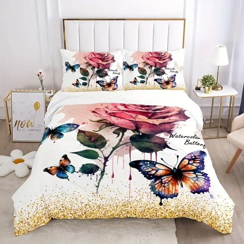 JAQWLL 3pcs Fashion Fresh Duvet Cover Set, Butterfly Floral Print Bedding Set, Soft Comfortable and Skin-Friendly Duvet Cover, for Bedroom Guest Room (1*Duvet Cover + 2*Pillowcase, Without Core) Twin