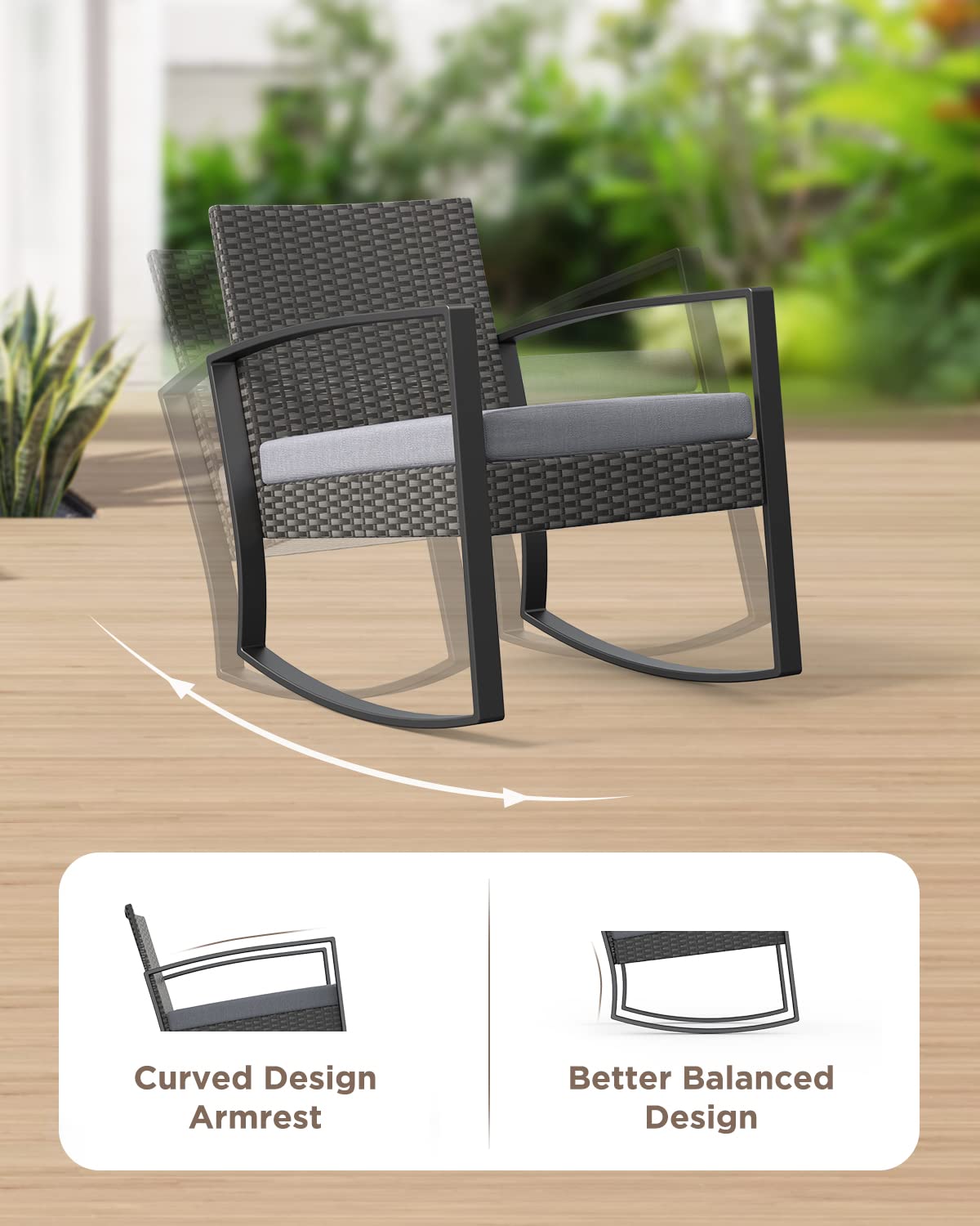 Aiho 3 Pieces Patio Furniture Set, Outdoor Rocking Chair Sets with Cushion, Modern Rattan Conversation Sets for Porches and Balcony, Gray Cushion