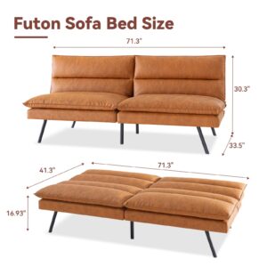 Hcore, Faux Leather Futon Couch, Memory Foam Small Splitback Loveseat Sleeper Sofa Bed Sofabed, Pure Brown