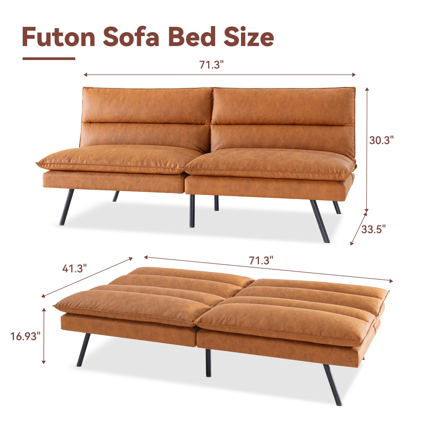 Hcore, Faux Leather Futon Couch, Memory Foam Small Splitback Loveseat Sleeper Sofa Bed Sofabed, Pure Brown