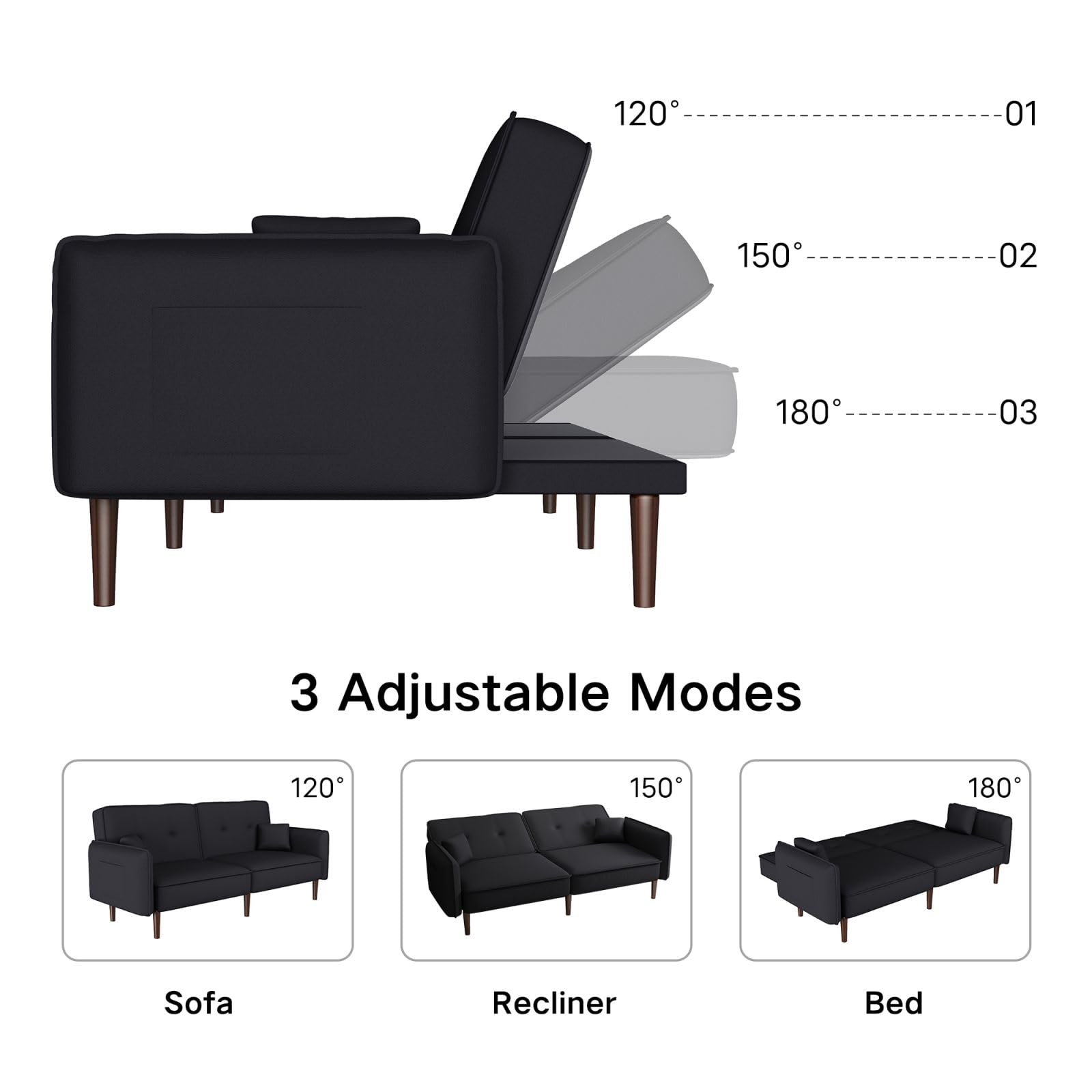 ROCKINGRUN Loveseat Sofa Bed, Convertible Modern Sofa Bed, Comfy Linen Fabric Sofa Bed, Soft and Breathable, Sturdy Solid Wood Legs, Loveseat Couch with Pillows for Living Room (Black)