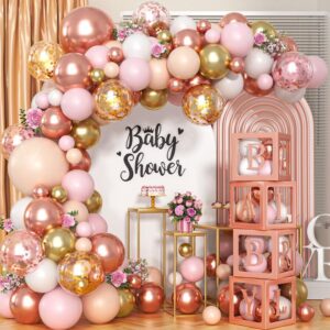 144pcs rose gold balloons baby shower decorations for girl baby boxes with letters pink princess balloon arch kit kids gender reveal wedding bridal birthday party supplies