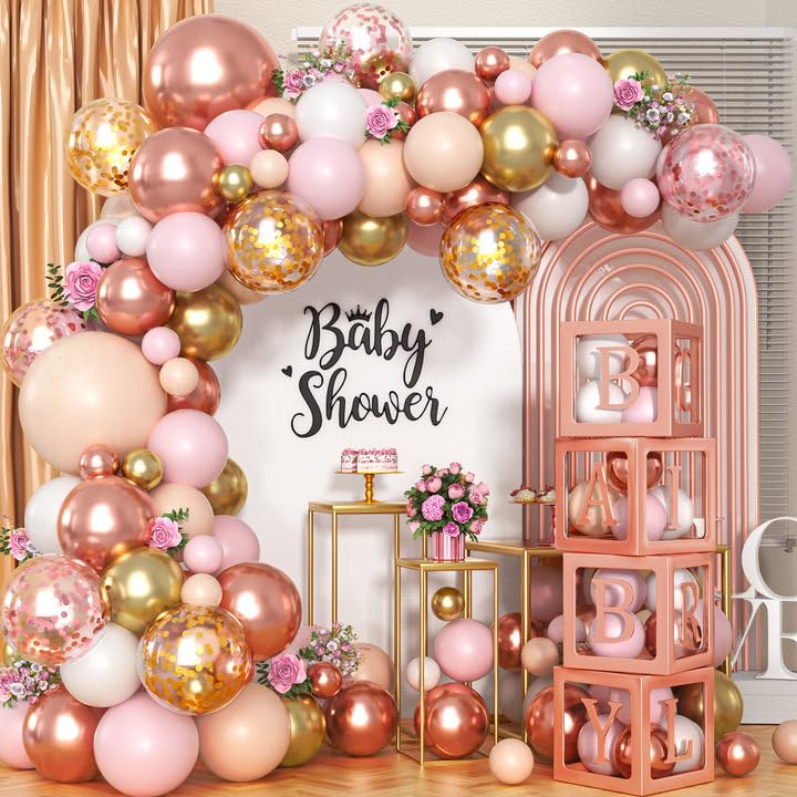 144Pcs Rose Gold Balloons Baby Shower Decorations for Girl Baby Boxes with Letters Pink Princess Balloon Arch Kit Kids Gender Reveal Wedding Bridal Birthday Party Supplies