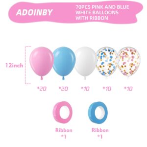 ADOINBY Pink Blue White Balloons, 70 Pcs 12 inch Pink Blue and White Balloons Confetti Latex Balloon with Ribbon for Gender Reveal Baby Shower Birthday Bridal Shower Wedding Party Decorations Supplies