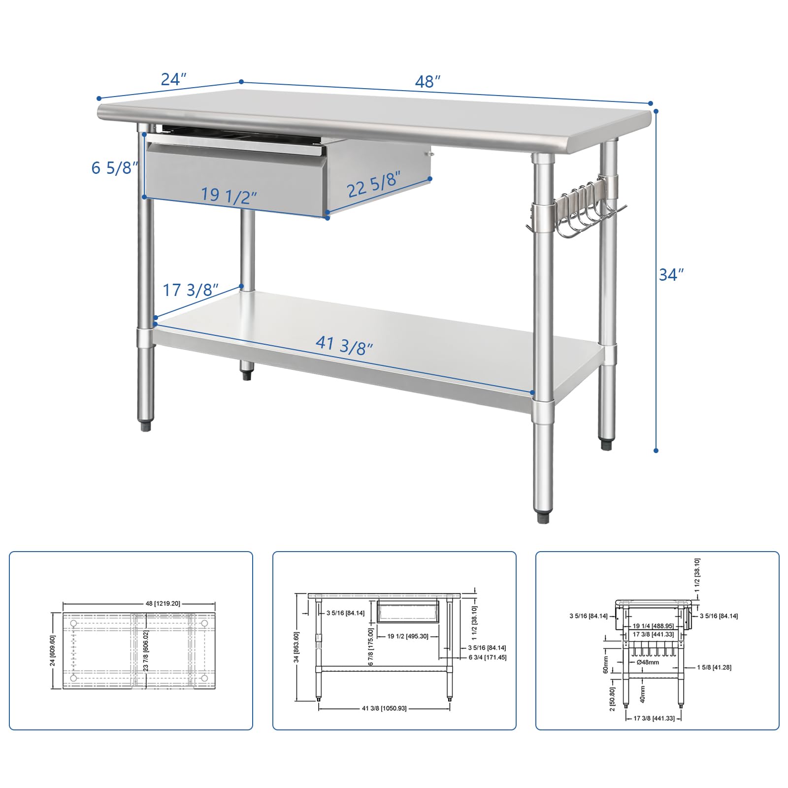 HARDURA Stainless Steel Prep Table with Drawer 24" x 48" NSF Heavy Duty Bench with Undershelf, Hook and Galvanized Legs for Commercial Food Prep