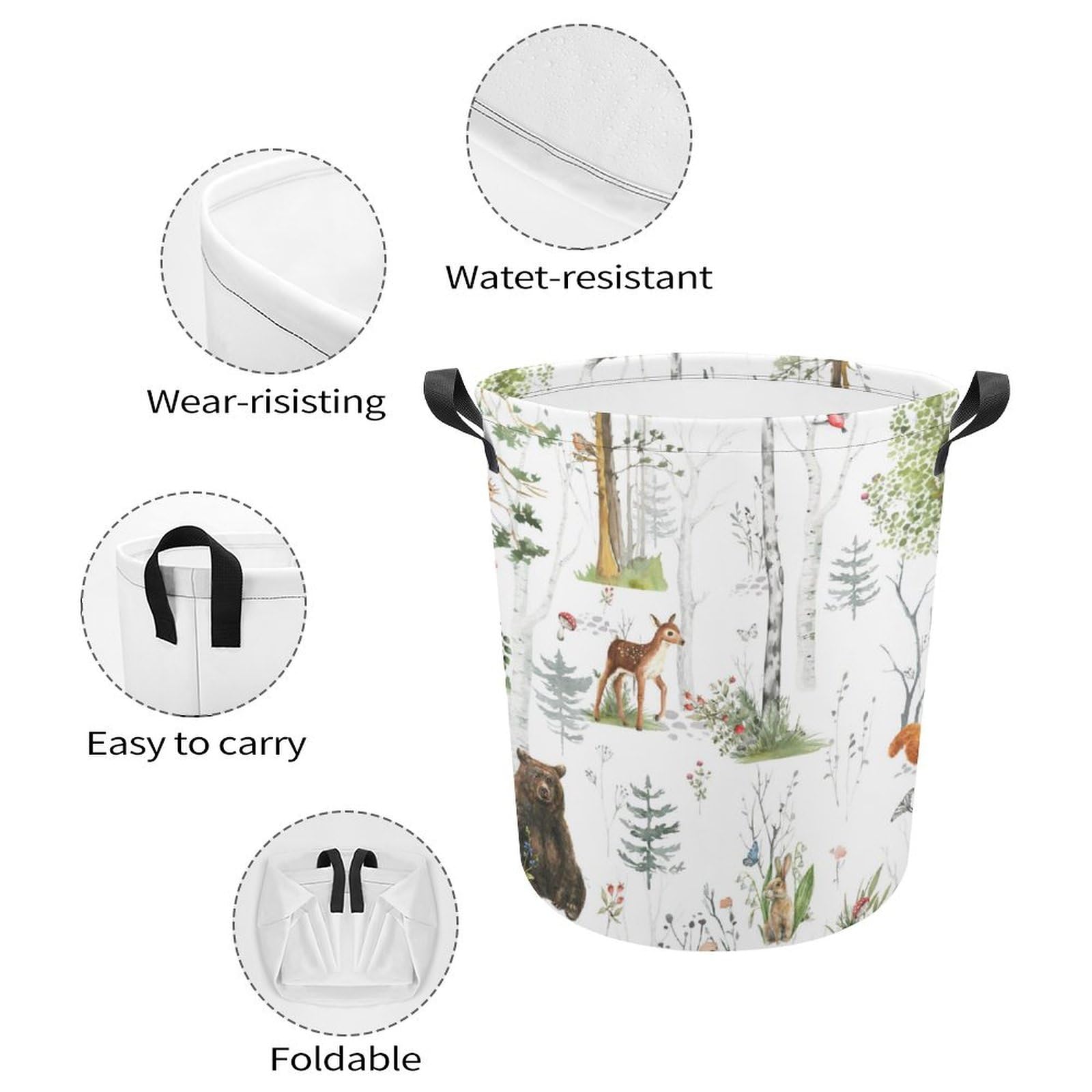 Woodland Animals Laundry Basket,Collapsible Clothes Hamper Waterproof Forest Fox Bear Deer Storage Basket with Handle Kids Room Jungle Deer Laundry Hamper with Drawstring