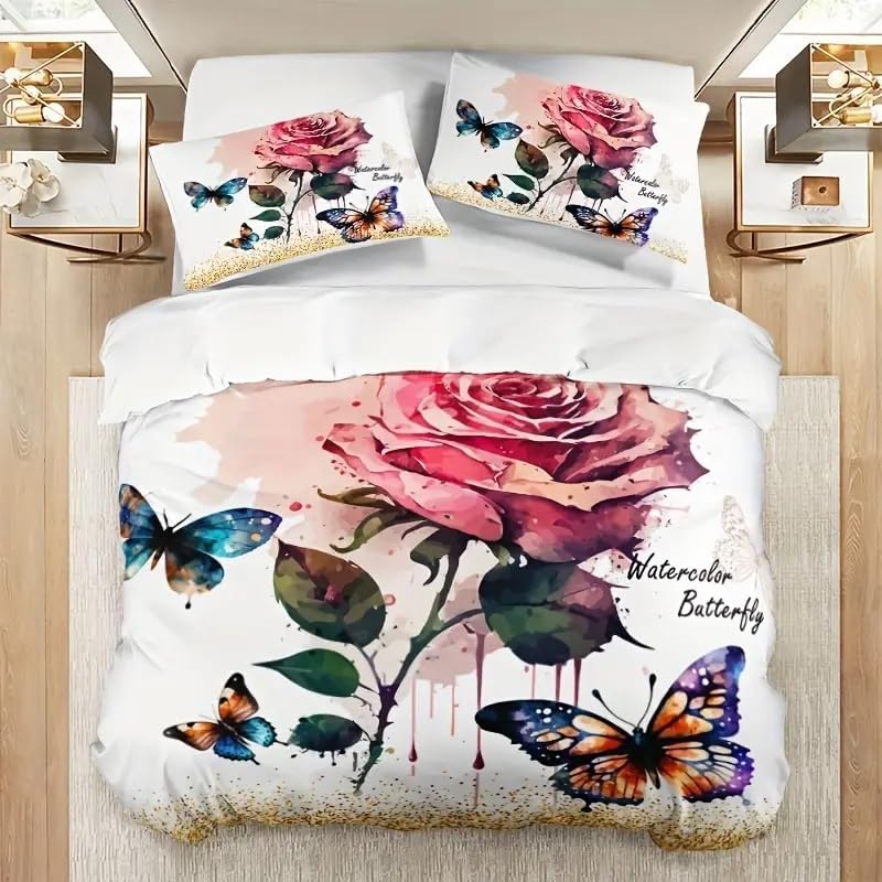 JAQWLL 3pcs Fashion Fresh Duvet Cover Set, Butterfly Floral Print Bedding Set, Soft Comfortable and Skin-Friendly Duvet Cover, for Bedroom Guest Room (1*Duvet Cover + 2*Pillowcase, Without Core) Twin