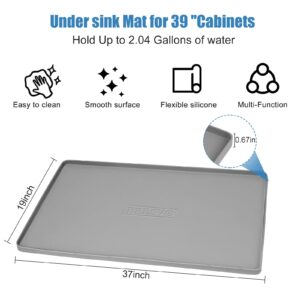 Under Sink Mat for Kitchen Waterproof, 37" x 19" Silicone Under Sink Liner Kitchen & Bathroom Cabinet Protector Mats, Heavy Duty Flexible Under Sink Drip Tray with Lip, Cool Grey