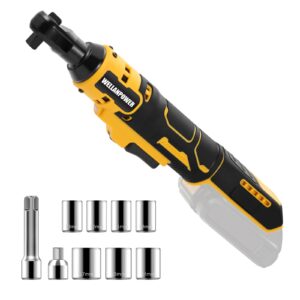 electric ratchet, cordless ratchet wrench 3/8" compatible with dewalt 20v battery, 74ft-lb, 580 rpm, variable speed trigger, led light, 3/8" to 1/4" adapter, 9 sockets, no battery included