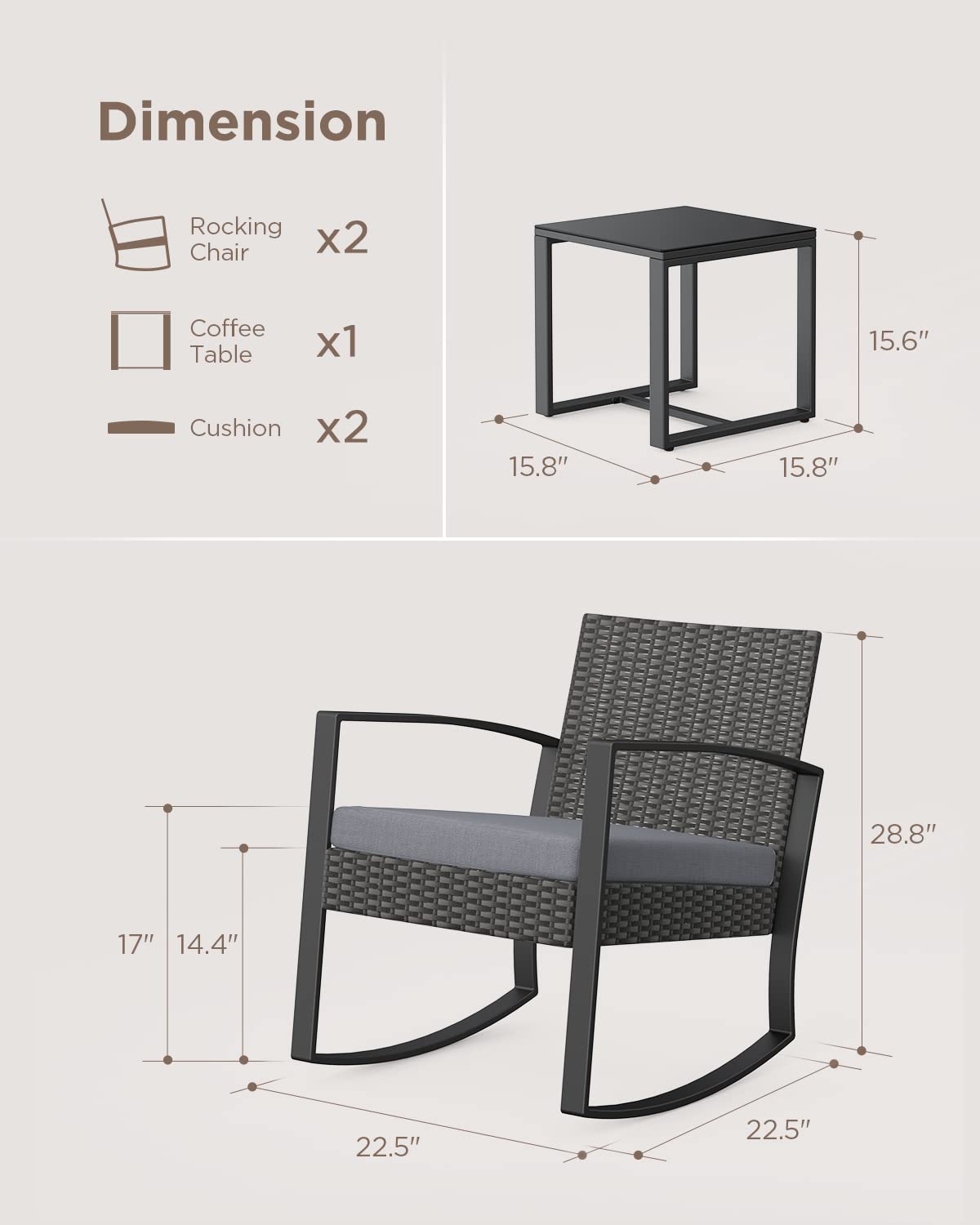 Aiho 3 Pieces Patio Furniture Set, Outdoor Rocking Chair Sets with Cushion, Modern Rattan Conversation Sets for Porches and Balcony, Gray Cushion