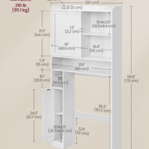 VASAGLE Over The Toilet Storage Shelf, Bathroom Storage Cabinet with Sliding Door, Adjustable Shelves, Toilet Paper Holder, Space-Saving, Modern, 9.8 x 32.7 x 66.9 Inches, Cloud White UBTS018W01