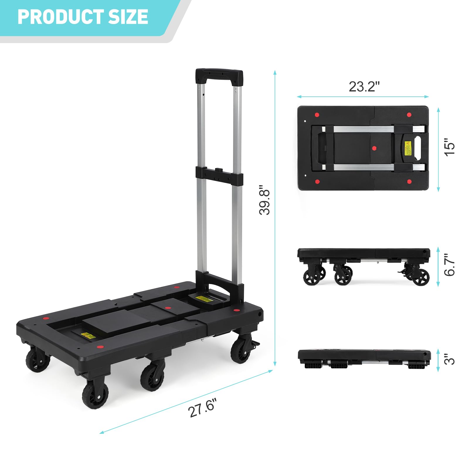 GlowSol Folding Hand Truck, 500 Lb Collapsible Dolly Cart, Portable Utility Dolly Grocery Cart with 6 Wheels & 2 Elastic Ropes for Moving, Luggage, Travel, Shopping, Home, Office Use, Black