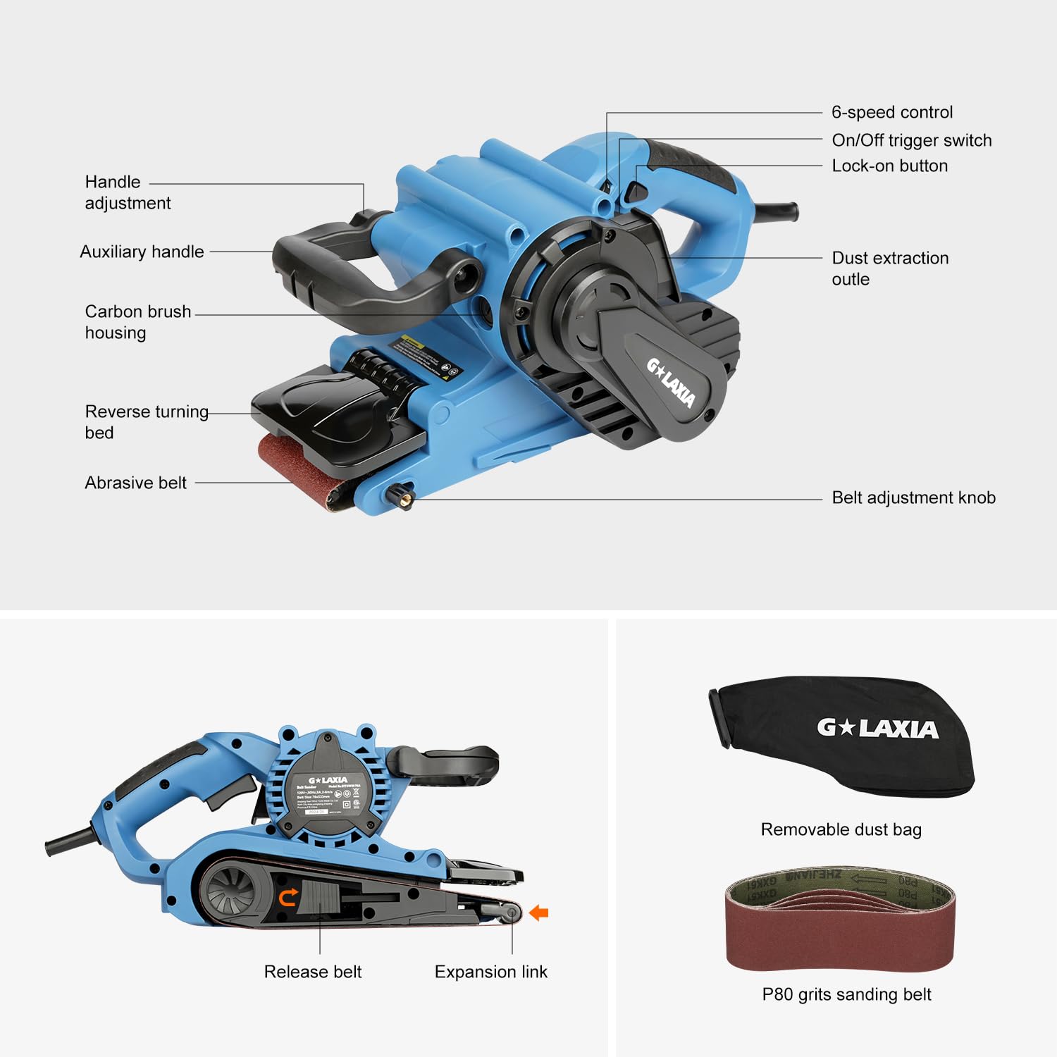 G LAXIA Belt Sander, 8 Amp Corded Sander with Dust bag, 3” x21” Sanding Belt, 6 Adjustable Speed 120-380 m/min and 3 Position Handle for Polishing and Sanding