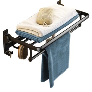 towel racks for bathroom 24in, black towel rack wall mounted, foldable bathroom towel rack with shelf, towel holder with towel bar, drilling/adhesive wall towel rack for rental/laundry,5 sliding hooks