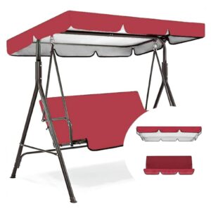 garden swing canopy replacement with seat cushions,waterproof outdoor swing chair top cover, windproof 210d oxford 2-3 seater patio hammock protection covers (size:56x47x7inch/142x120x18cm,color:red)