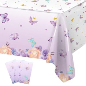 butterfly birthday decorations disposable tablecloths - 3 pcs purple birthday butterfly waterproof table covers, butterfly baby shower decorations for girls, spring themed table party supplies