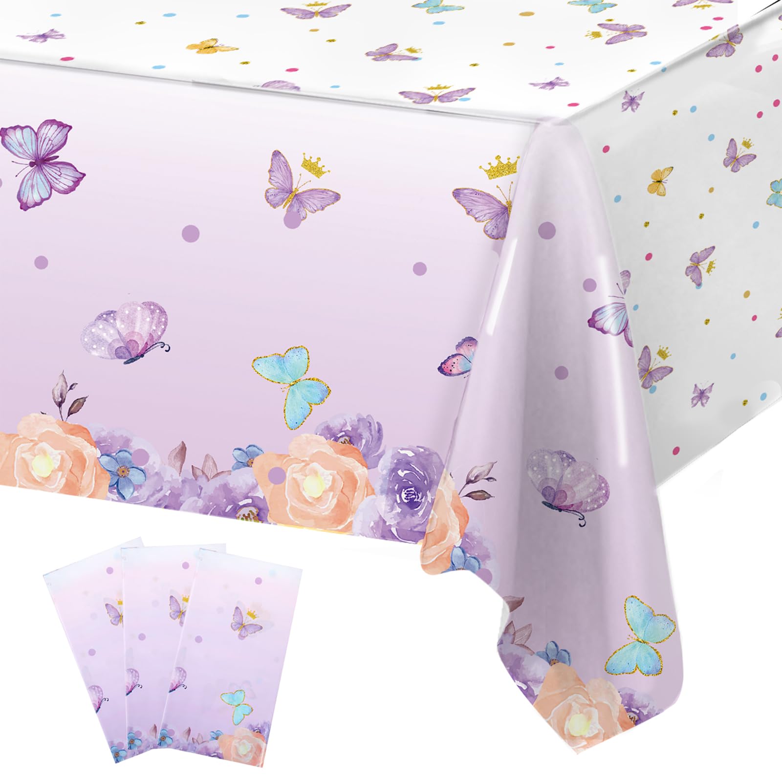 Butterfly Birthday Decorations Disposable Tablecloths - 3 Pcs Purple Birthday Butterfly Waterproof Table Covers, Butterfly Baby Shower Decorations for Girls, Spring Themed Table Party Supplies