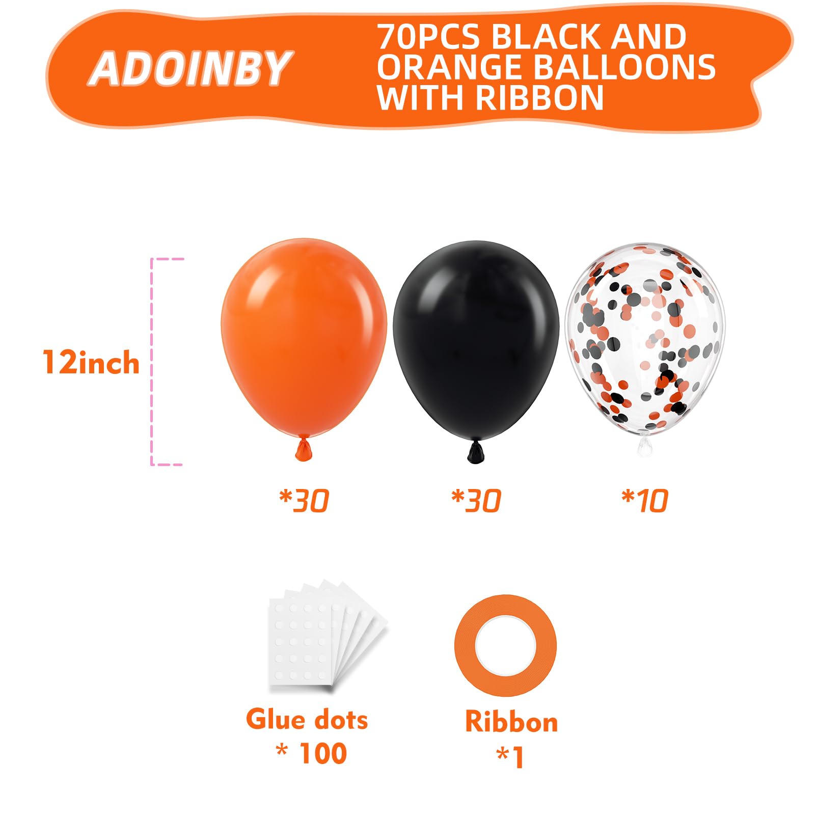 ADOINBY Black and Orange Balloons, 70Pcs 12inch Black Orange Latex Balloon and Confetti Balloons for Halloween Celebration Trick or Treat Party Spooky Ghost Party Bar Anniversary Graduation Decoration