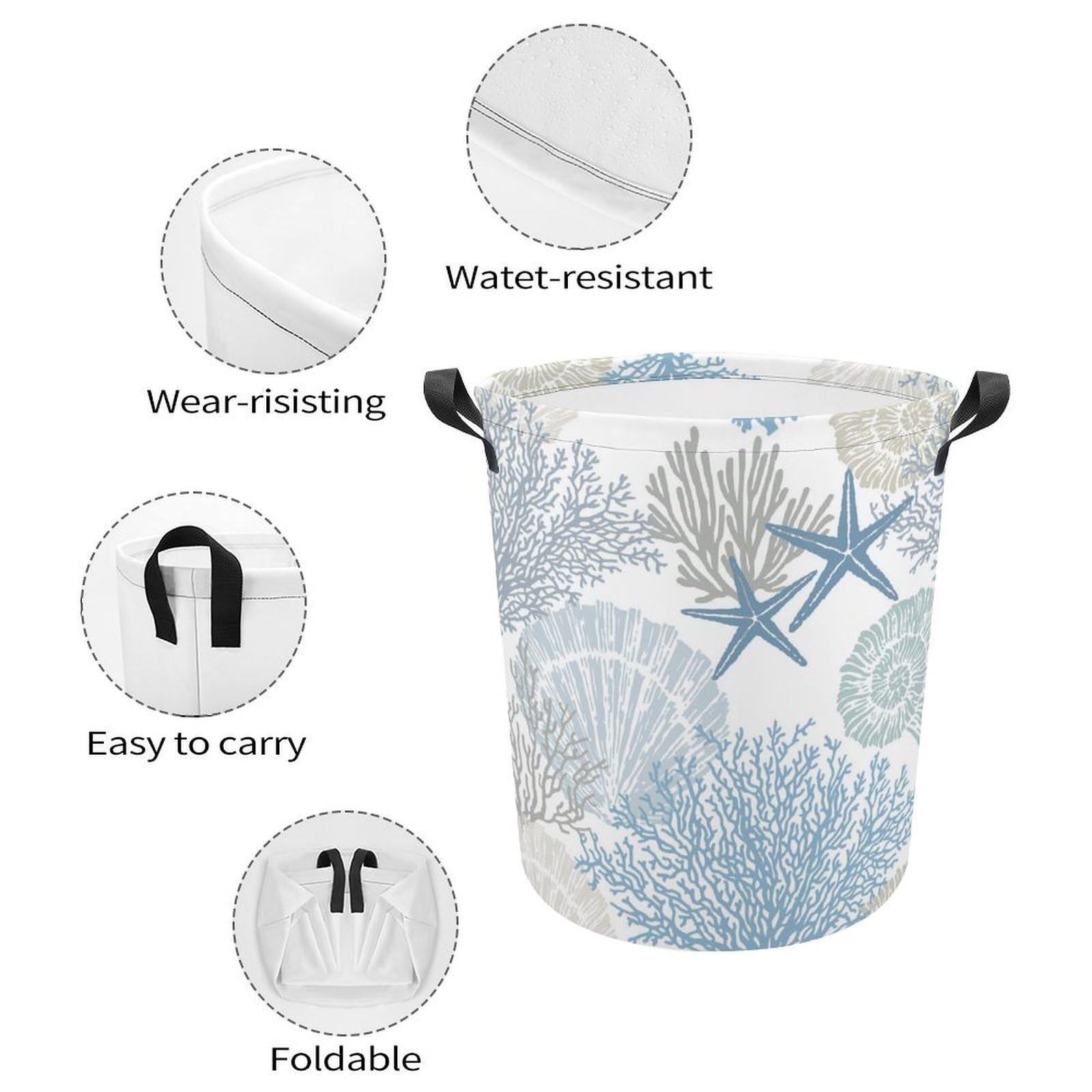 Laundry Basket Ocean Coastal Coral Starfish Seahorse,Waterproof Collapsible Clothes Hamper Blue Sealife Sea Shell,Large Storage Bag for Bedroom Bathroom