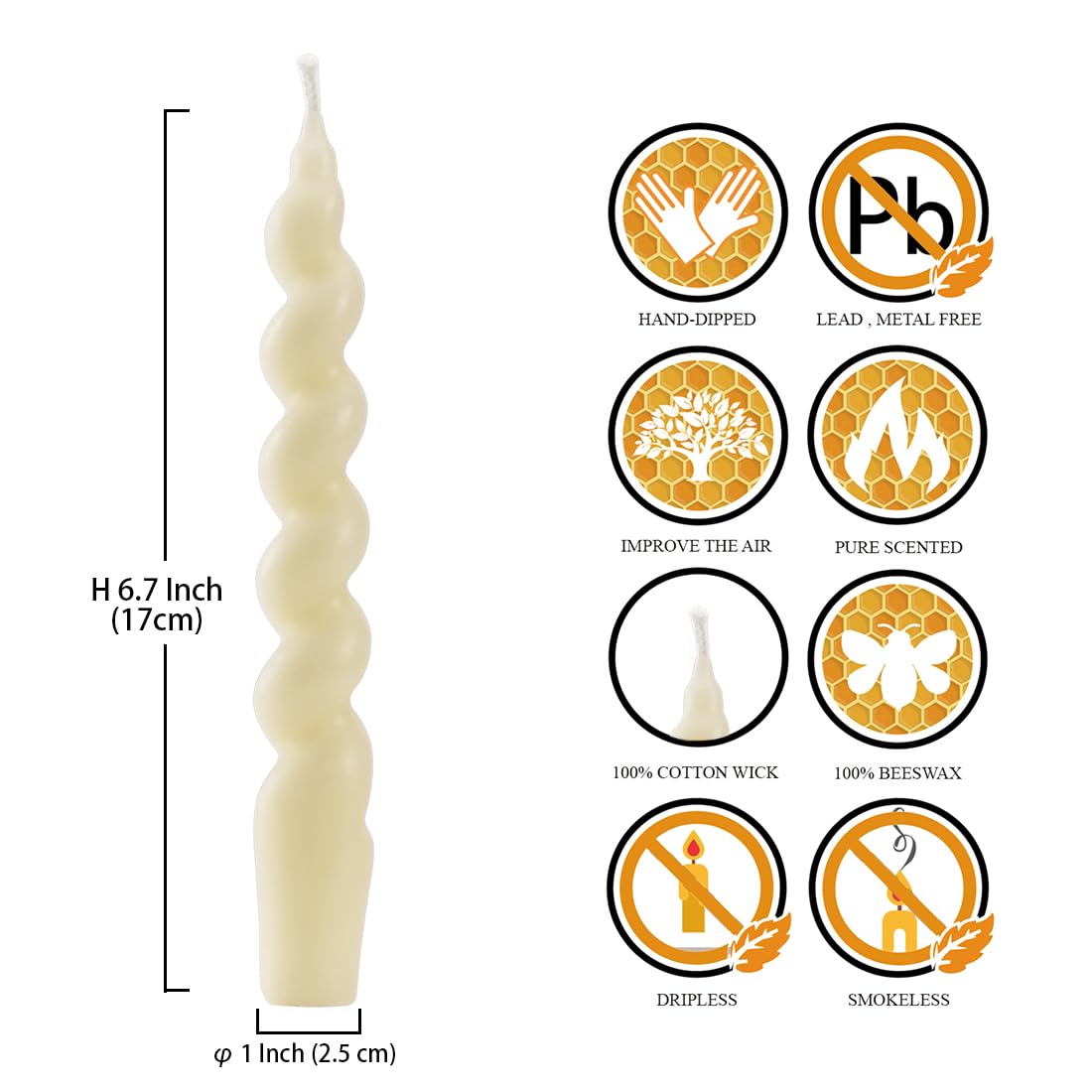 DEYBBY White Beeswax Spiral Candle, 7 inch 2 Pack Twisted Pure Beeswax Candles for Home Meditation Dinner Decor