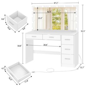 FIONESO 47.2" Large Vanity Desk with Mirror & 14 LED Lights, Makeup Vanity Table with 5 Drawers & Charging Station, Makeup Vanity Desk, 3 Lighting Colors, Dressing Vanity Table for Bedroom, White