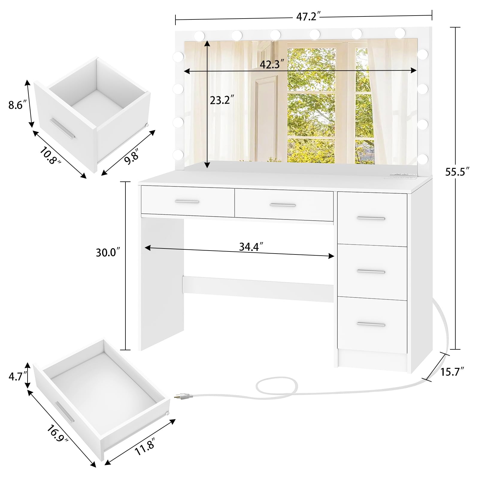 FIONESO 47.2" Large Vanity Desk with Mirror & 14 LED Lights, Makeup Vanity Table with 5 Drawers & Charging Station, Makeup Vanity Desk, 3 Lighting Colors, Dressing Vanity Table for Bedroom, White