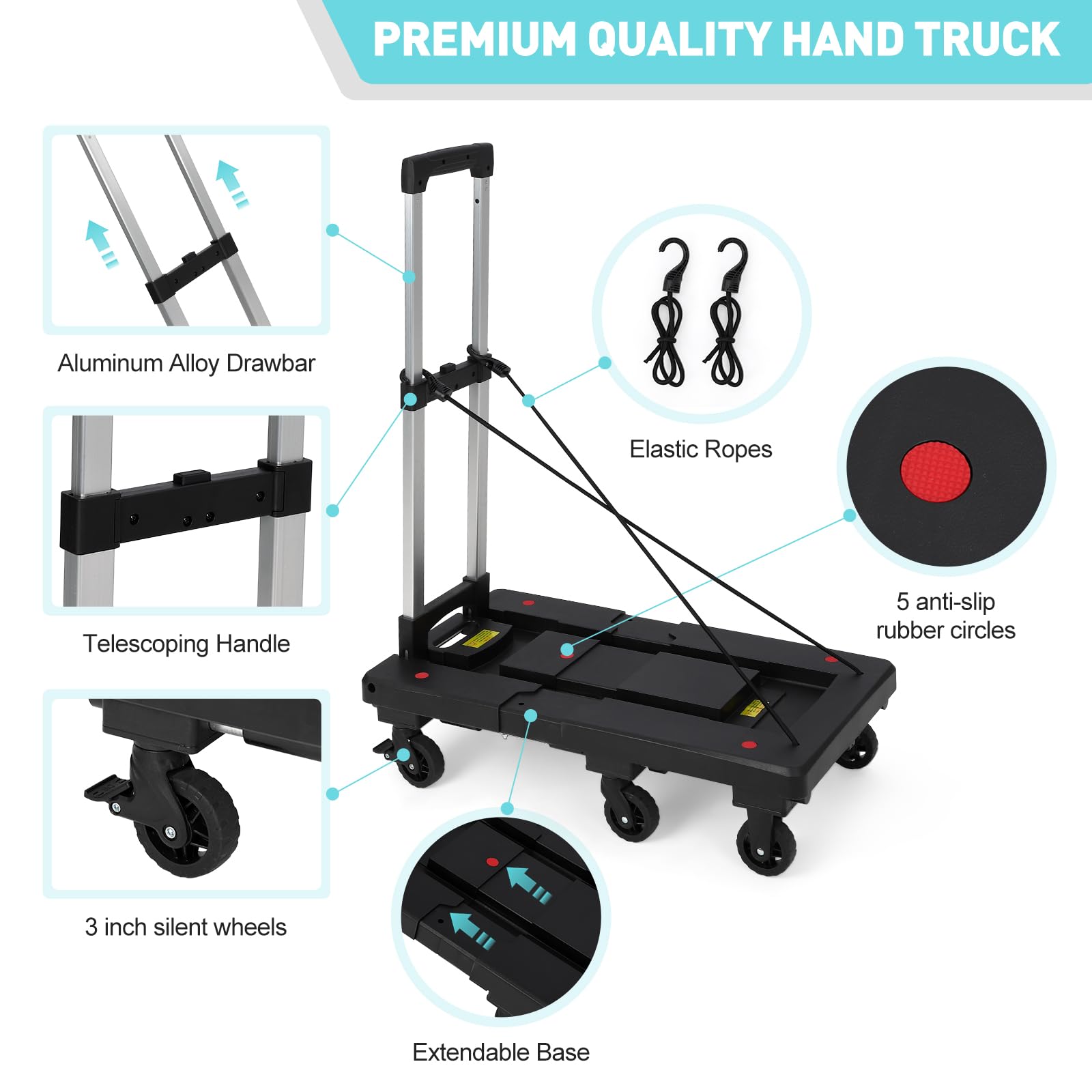 GlowSol Folding Hand Truck, 500 Lb Collapsible Dolly Cart, Portable Utility Dolly Grocery Cart with 6 Wheels & 2 Elastic Ropes for Moving, Luggage, Travel, Shopping, Home, Office Use, Black