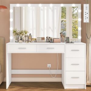 fioneso 47.2" large vanity desk with mirror & 14 led lights, makeup vanity table with 5 drawers & charging station, makeup vanity desk, 3 lighting colors, dressing vanity table for bedroom, white